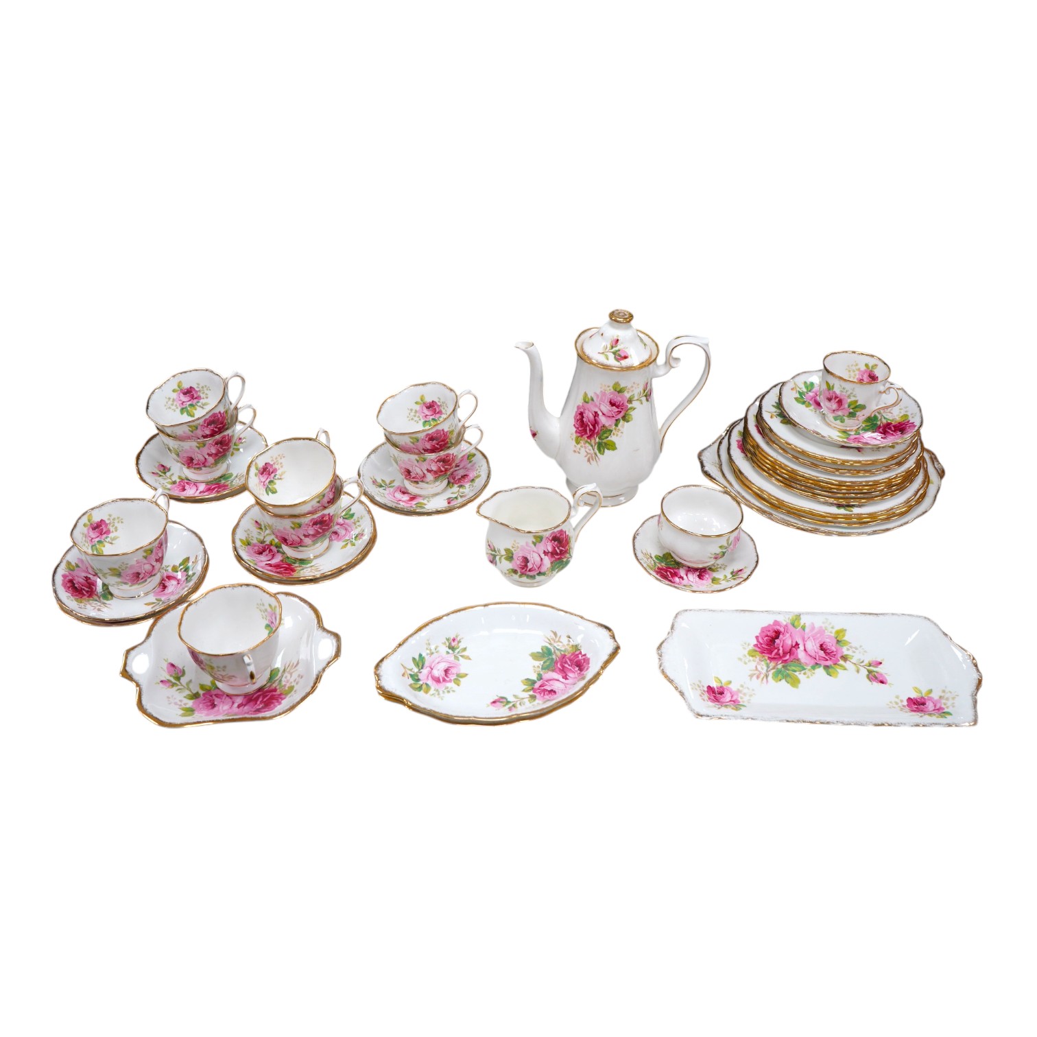 A Royal Albert American Beauty porcelain coffee set to include coffee pot, milk jug and cups and saucers. Condition - mostly good, some wear